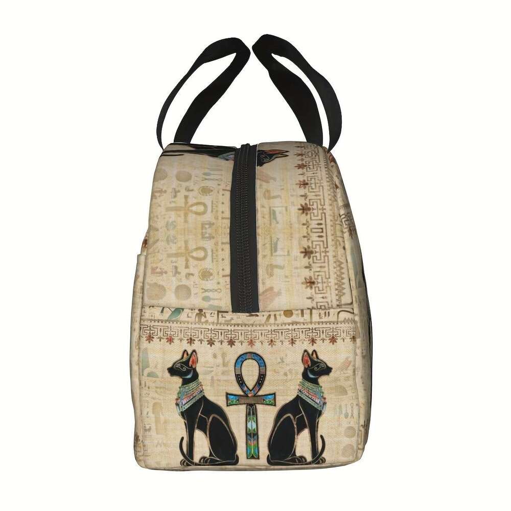 Egyptian Cat Hieroglyphic Lunch Bag, Vintage Oxford Cloth Insulated Cooler Tote, Animal Theme Cydrical Bento Box Alternative, Hand Wash, for Office, T