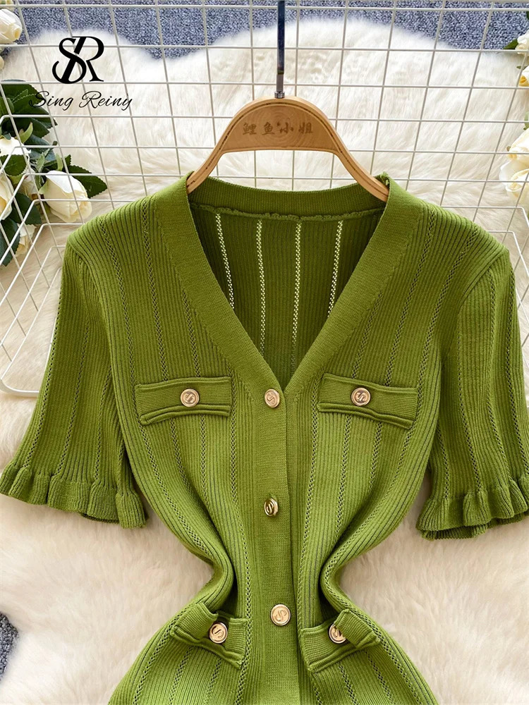 SINGREENY Summer OL Knitted Dress Womens Vneck Button n Ultra Thin Mermaid Sun Skirt Fashion Elastic Solid Bohemian Long 250313