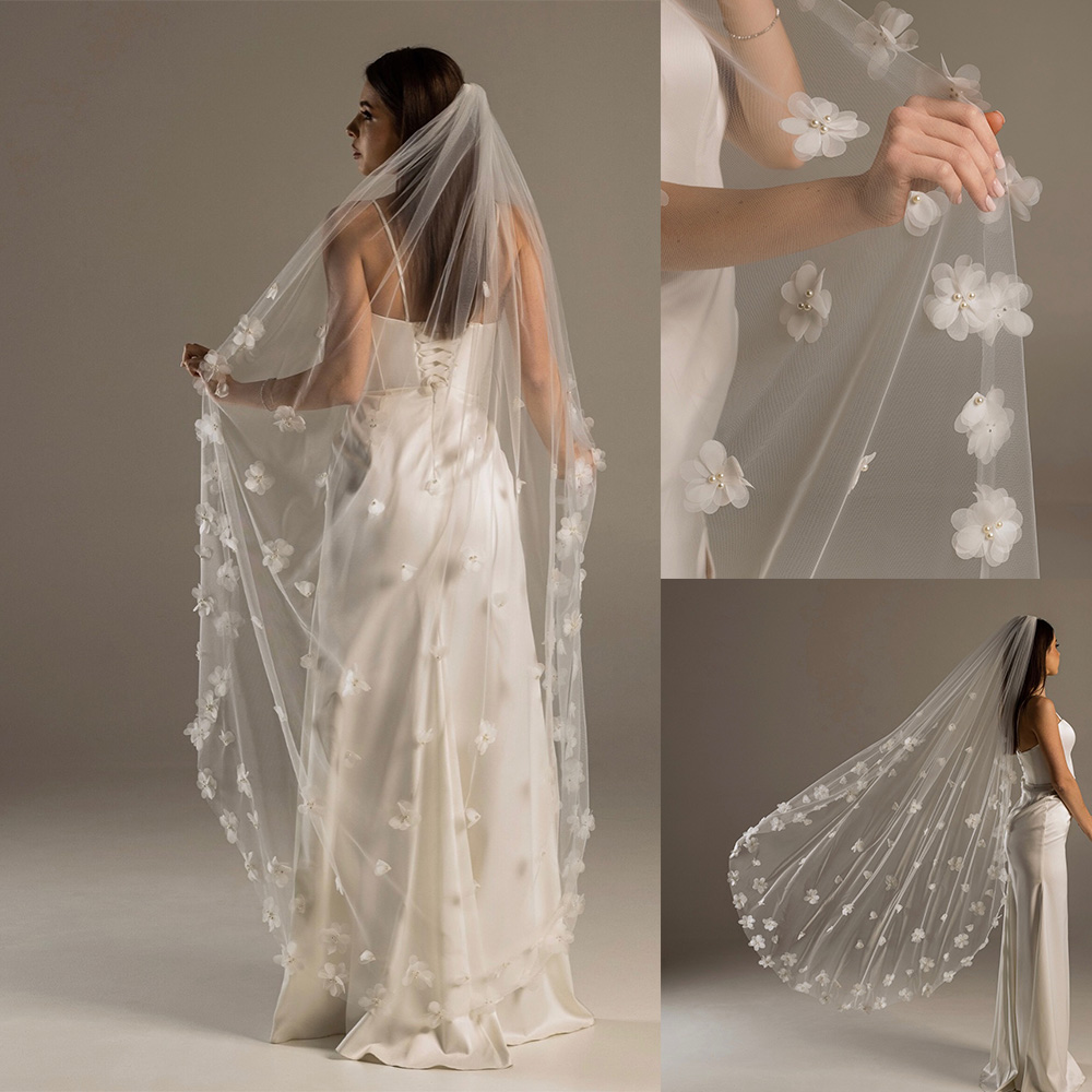 Graceful 3D Flowers Wedding Veil Romantic Pearls 2M Long Special Cut Royal Bridal Veil with Comb New Arrive Veil Bride Wedding Accessories Customized