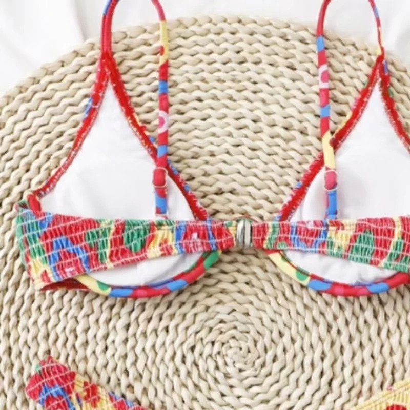 Summer Beach Bikini Suit Crimson Printed Sexual Double Shoulder Strap Bra Low Waist Breathable Briefs Twopiece Set 250311