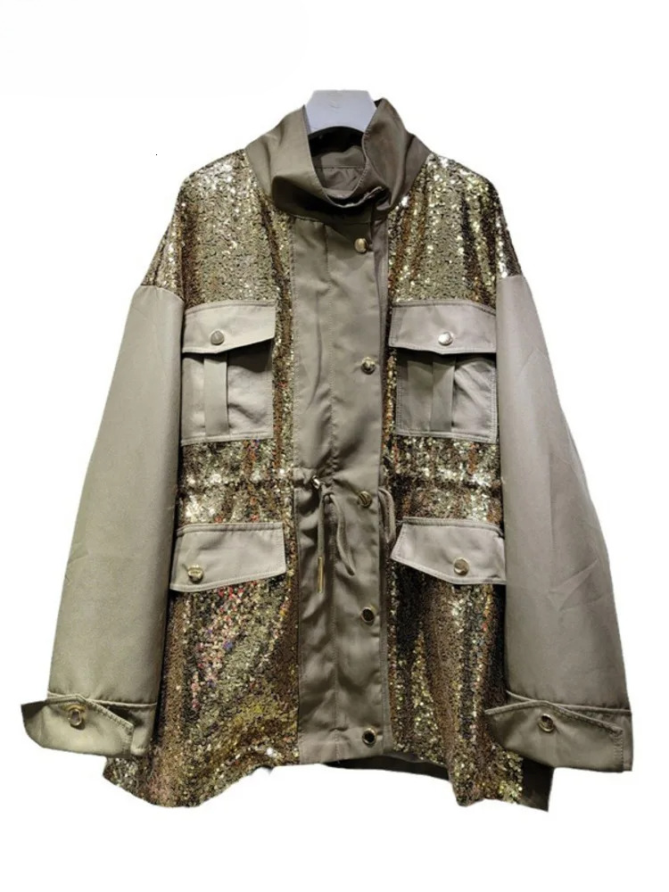 Women's Trench Coat Sequins Zipper Drawstring Waist Stand Collr Multiple Pockets Cargo Windbreak New Fashion Autumn