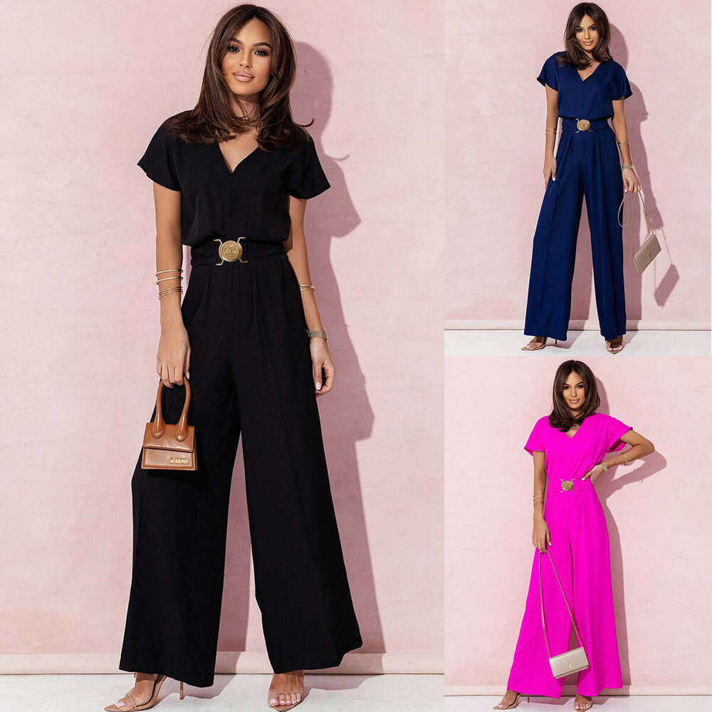 women's clothing, European and American solid color V-neck waist cinched short sleeved pants jumpsuit, 2025 new casual versatile fashion clothing
