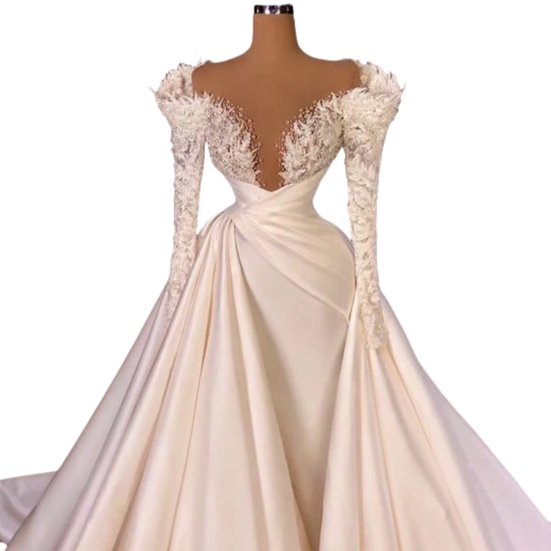 Elegant Satin Luxury Wedding Dresses With Lace Long Sleeves Transparent V-Neck Beaded Chapel Bridal Gowns Court Train
