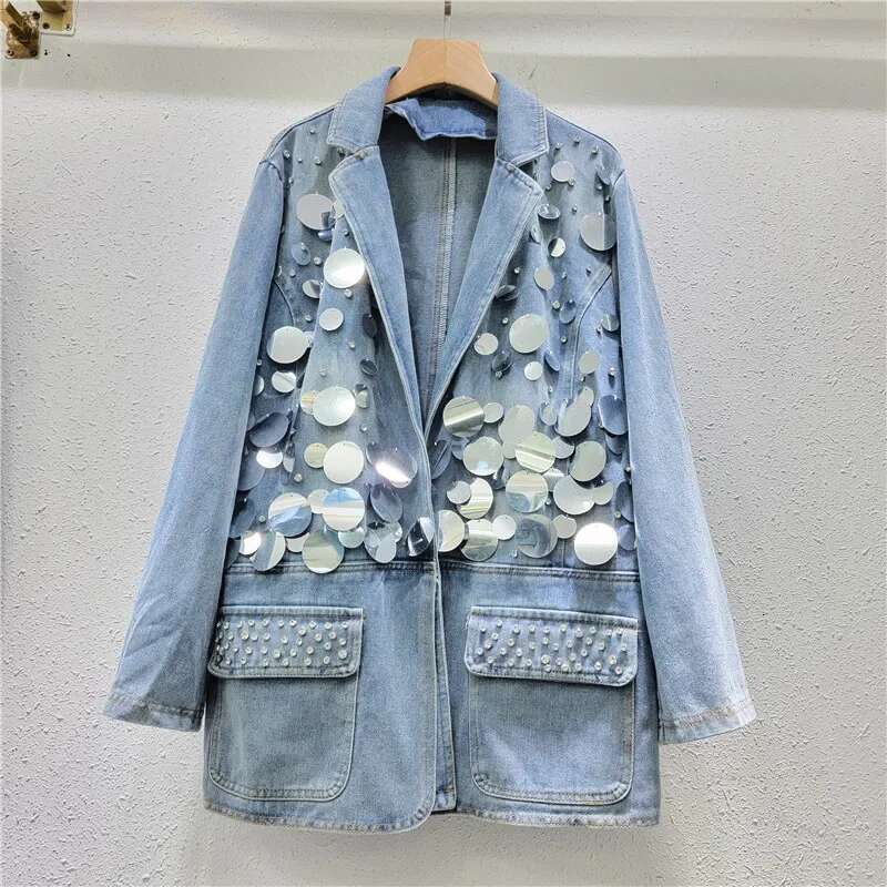 Women Big Sequins Denim Blazers Coat Spring Dias Beaded Jeans Jacket Suit Turn Down Collar Rhies Cowboy Cardigan Tops