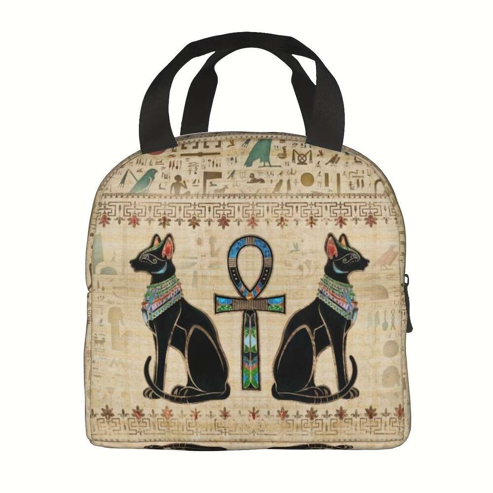 Egyptian Cat Hieroglyphic Lunch Bag, Vintage Oxford Cloth Insulated Cooler Tote, Animal Theme Cydrical Bento Box Alternative, Hand Wash, for Office, T