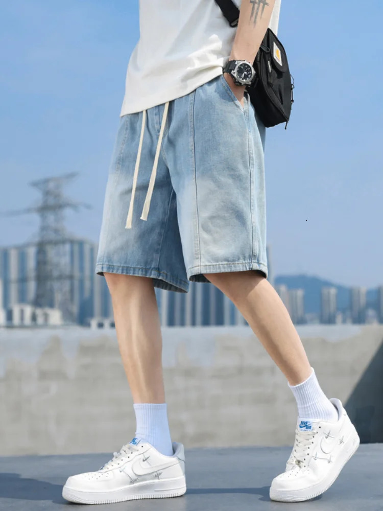 Retro fashion denim shorts mens streetwear loose straight leg casual with elastic waist brushed men 250313