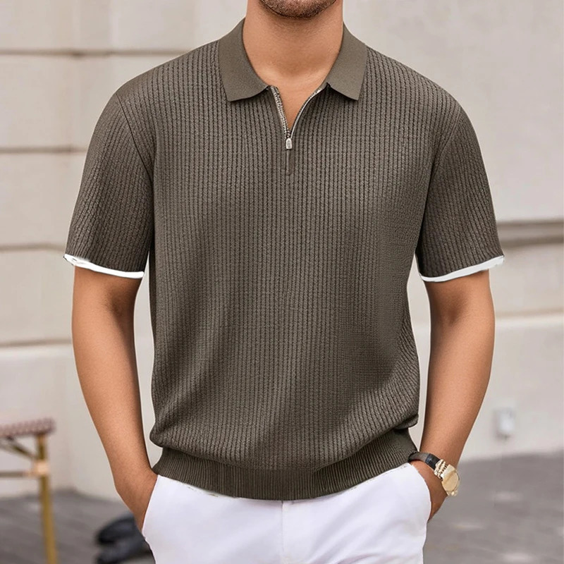 Casual solid color knitted mens polo shirt for spring and summer fashion zipper up down lapel top casual breathable 250313