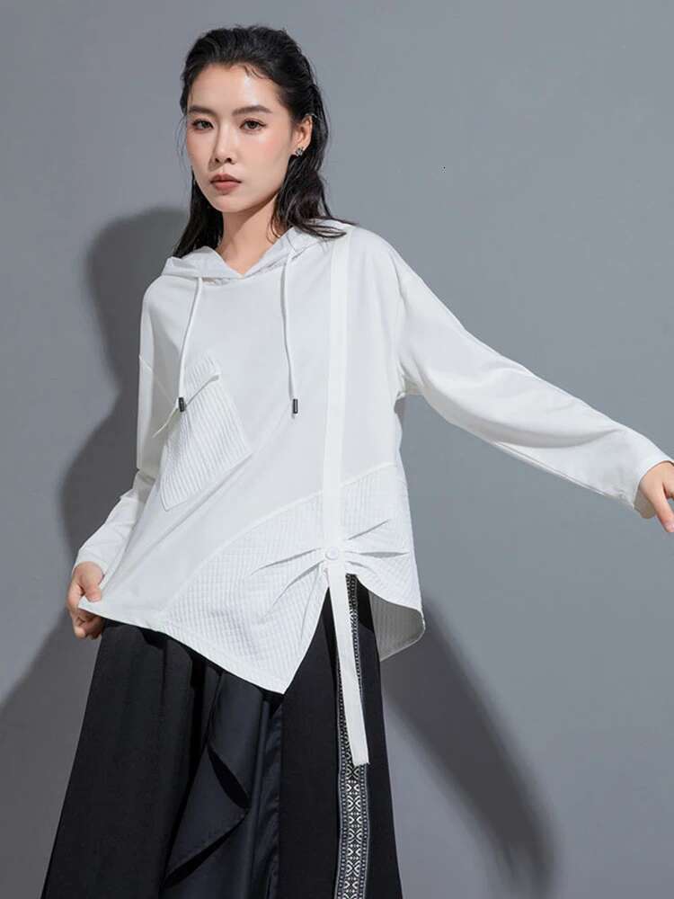 Women White Irregular Ribbon Big Size Casual T-Shirt New Hooded Long Sleeve Fashion Tide Spring Autumn 2025 1Dh0999