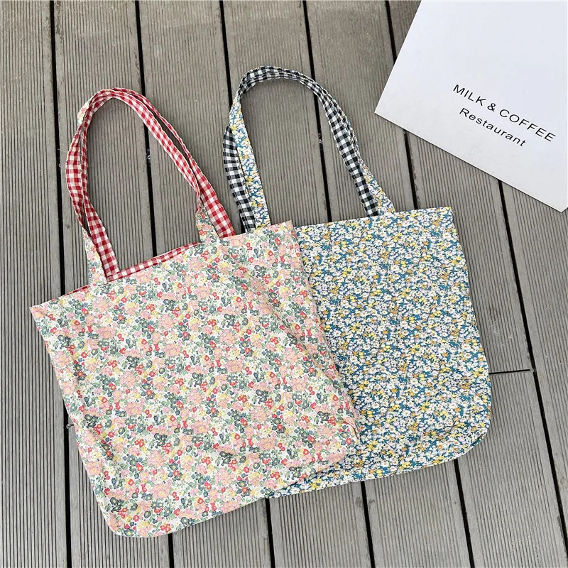 Casual Plaid Flower Women Shopping Bag Large Capacity Ladies Daily Tote Handbags Cotton Cloth Double-sided Girls Shoulder Bags R250312
