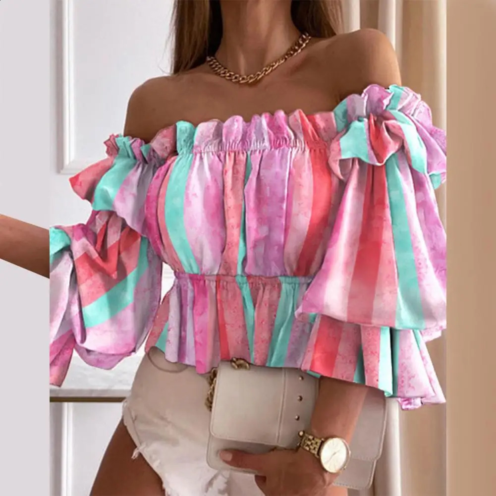 Off Shoulder Summer Ladies Multi-layer Top Colorful Pleated Autumn Blouse Fashion Women Ruffles Long Sleeve Shirt for Beach 250313