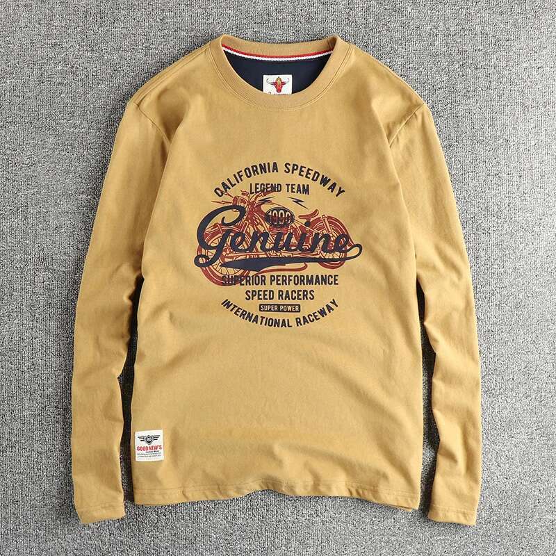 Autumn New Retro Hong Kong Style Pure Cotton Round Neck Long Sleeve T-Shirt Men's Motorcycle Letters With A Base Shirt