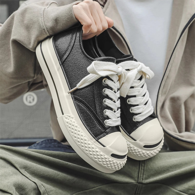 European Style Niche Super Cracked Pu Leather Wide Version Big Toe Skateboard Shoes Mens Retro Open Smile Thick-Soled Casual Shoes Vulcanized Shoes 25