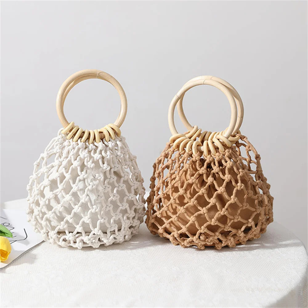 New Summer Straw Woven Beach Bag Rattan Ladies Purses Handbag Wrist Pack Women Handle Female Bucket Tote Bags Knit Travel Bags R250312