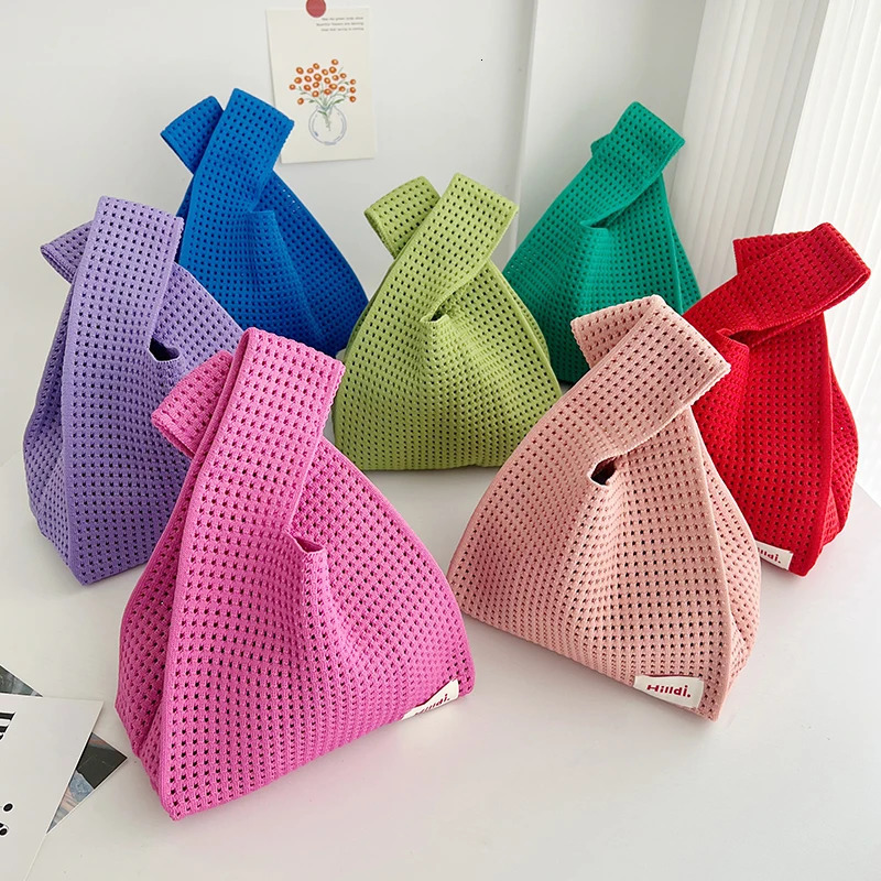 Skeleton Solid Color Knitted Bag WomenS Mini Knot Wristlet Hundred Large Capacity Mesh Handbag Reusable Shopping Bag Summer R250312