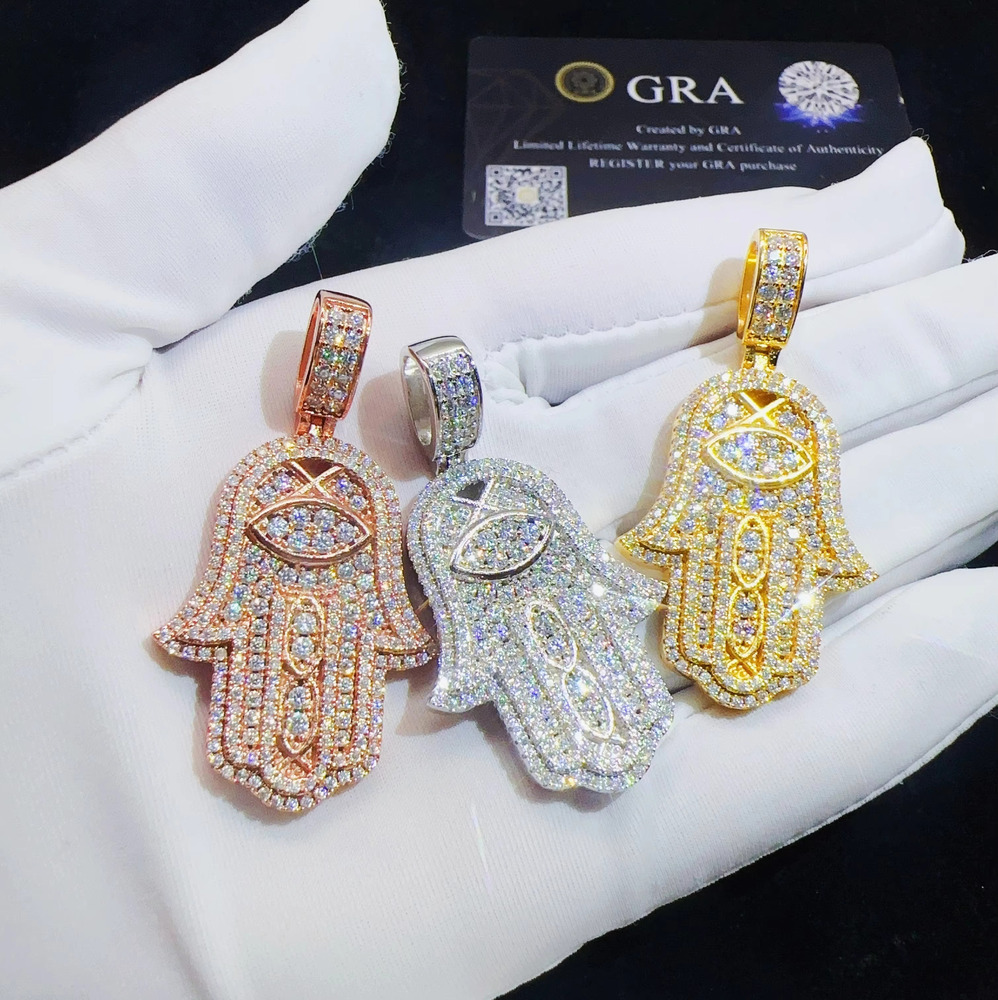 Pass Diamond Tester 925 Sterling Silver Jewelry Full Moissanite Hamsa Hand Pendant VVS Diamond Chain