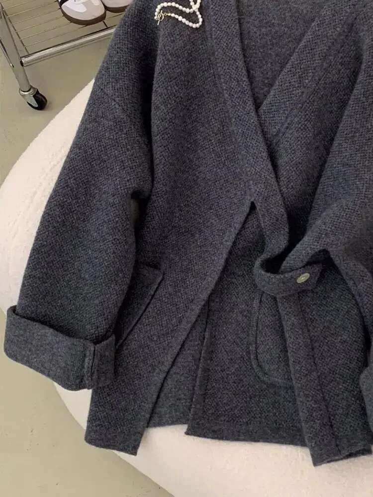 Grey V-Neck Diagonal Buckle Raccoon Veet Mid Lenght Sweater For Women Autumn/Winter Thick And Lazy Style Loose Casual Cardigan