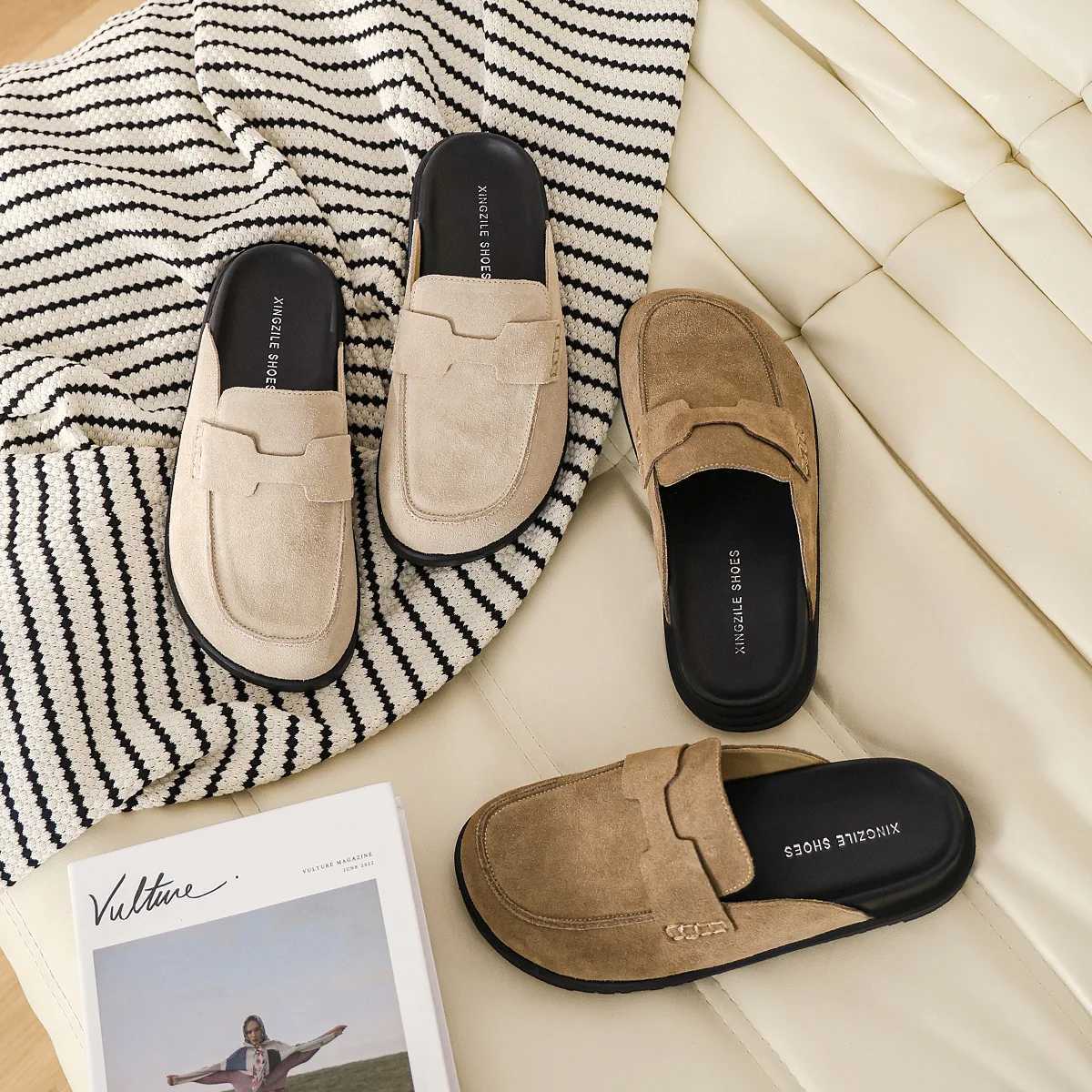 Womens genuine leather shoes womens slippers Loafers Low Pantofle Flock Cover Toe Buckle Strap 2024 Rome Hoof Heels Rubber Fab Y250312