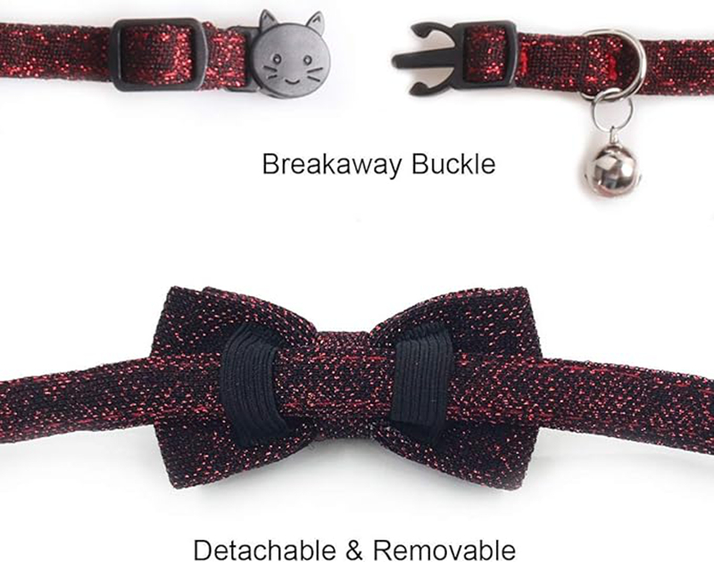 Cat Collar Breakaway with Bowtie and Bell, Red Sparkling Suede Fabric Fashion Kitten Collar with Removable Cat Bowtie Collar for Kitty Cat (18-28cm) B