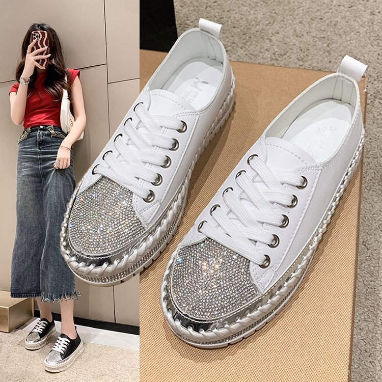 2025 New White Women's Designer Trendy Fashion Diamond Inlaid Sponge Cake Thick Bottom Shining Edge Fashion Board Shoes