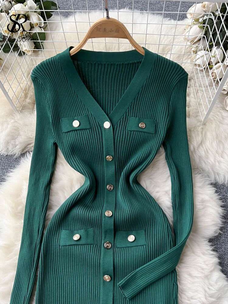 Winter Slim Design Knitted V Neck Single Breasted A E Split Midi Sleeve Women Sweater Long Dress