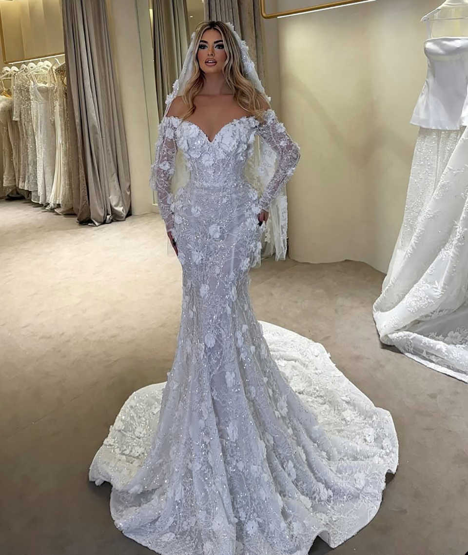 Sexy Mermaid Wedding Dress Off Shoulder Long Sleeves Bridal Gowns 3D Appliques Pearls Sweep Train Dresses Custom Made vestidos de novia
