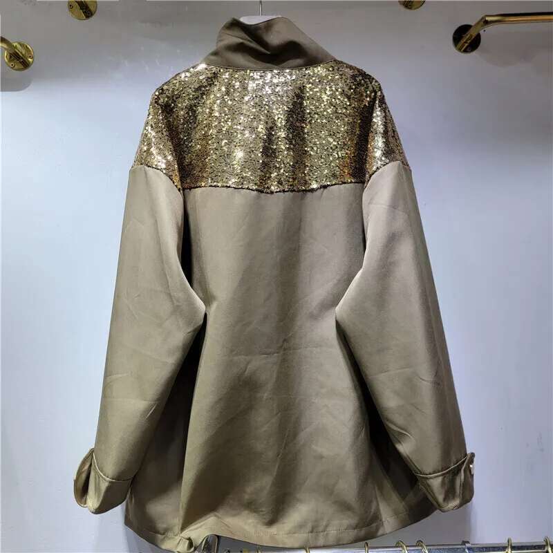 Women's Trench Coat Sequins Zipper Drawstring Waist Stand Collr Multiple Pockets Cargo Windbreak New Fashion Autumn