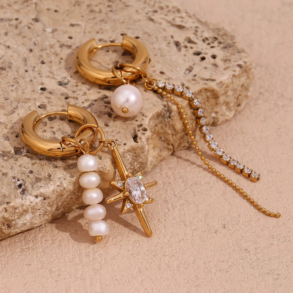 EBbelle Asymmetric Freshwater Pearl Zircon Octagonal Star Chain Earrings 18K Gold Plated 316L Stainless Steel Decoration 250313