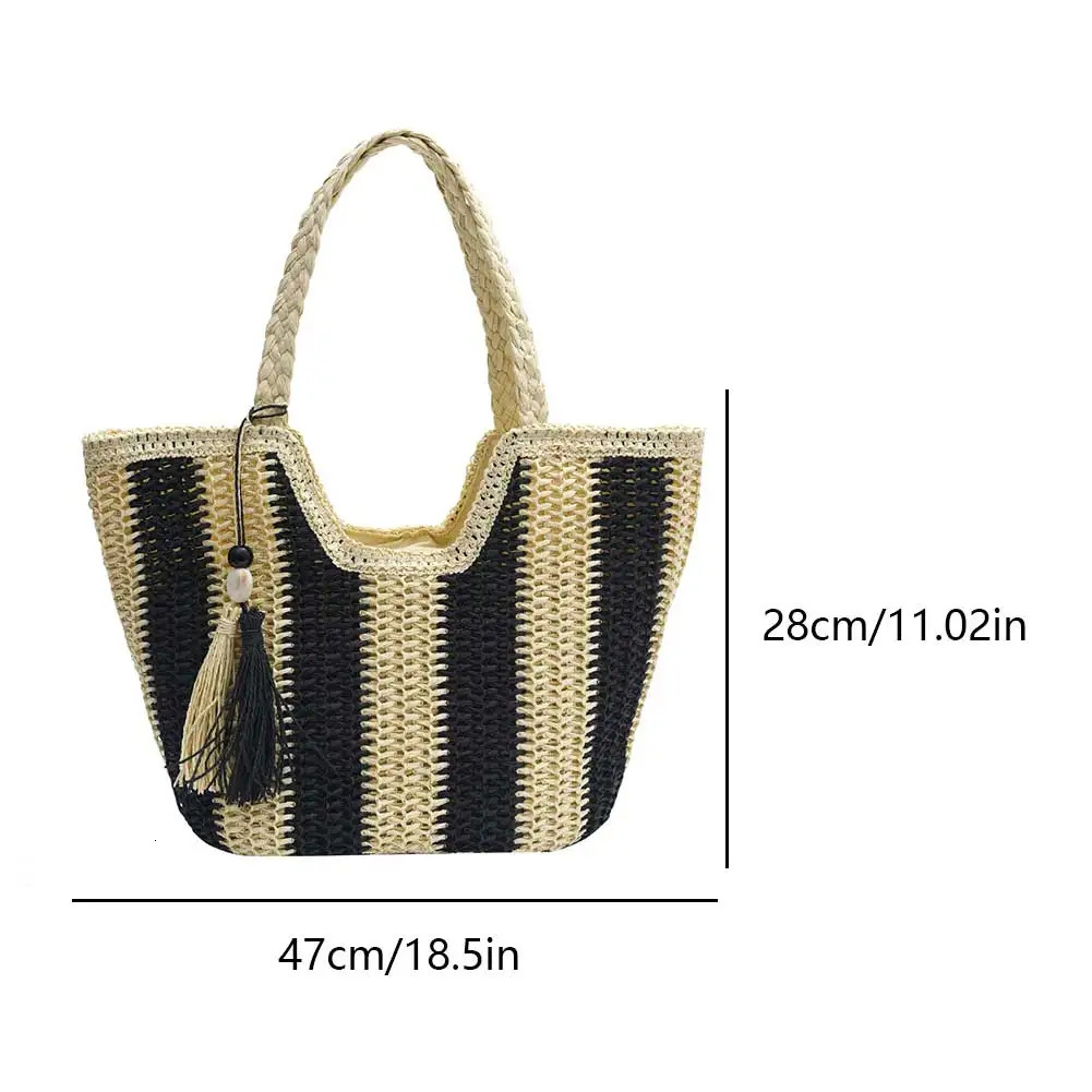 Striped Straw Beach Bag Large Vacation Bag Woven Holiday Travel Handbag with Tassel for Women Work Travel Vacation R250312