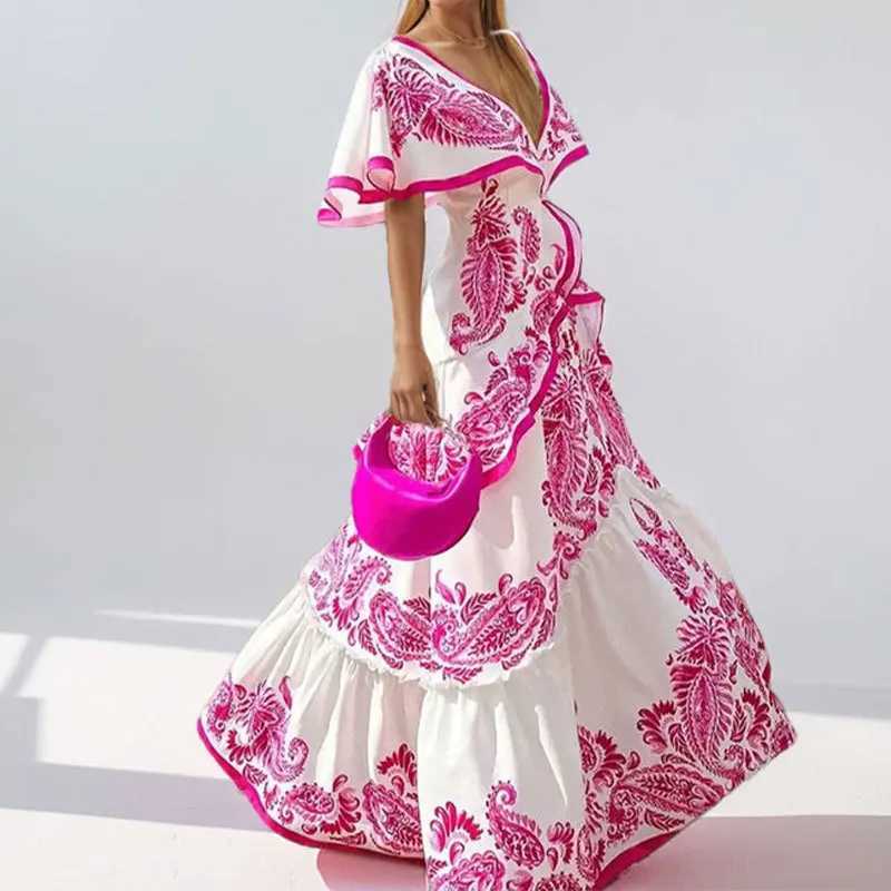 Urban Sexy Dresses Elegant Pattern Printing V-neck Maxi Dr New Casual Wrinkle Short Slip Holiday Dr 2025 Spring Womens New Pullover Dr Y240312HB00