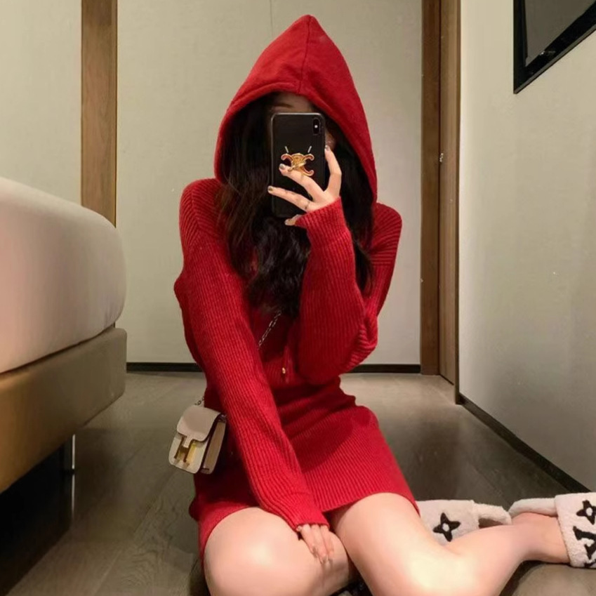 T33215 New chic unique fashion red sweater knitted long-sleeved hooded hip dress sub-trend