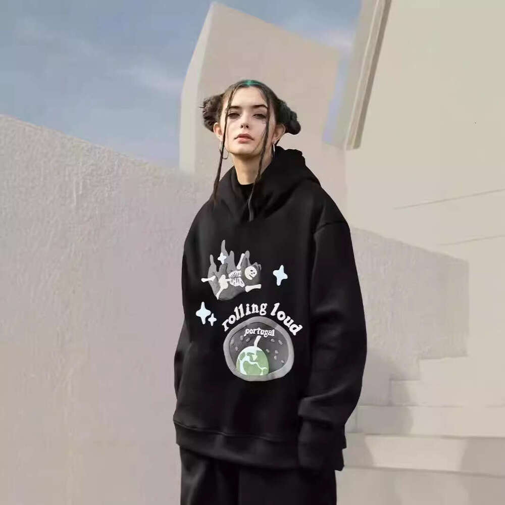 Street Black Hooded Pullover Sweatshirt Men's Cotton Hoodie Roll Cloud Skull foam Print