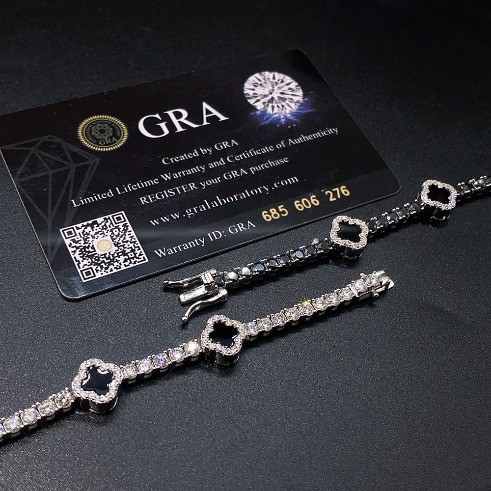 3mm S925 silver Moissanite Black Agate Clover Tennis Chain Bracelet Iced Out for Men Hip Hop Jewelry Pass Diamond Tester WithGRA