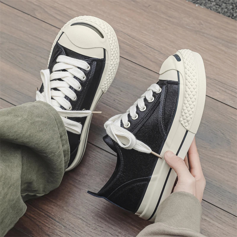 European Style Niche Super Cracked Pu Leather Wide Version Big Toe Skateboard Shoes Mens Retro Open Smile Thick-Soled Casual Shoes Vulcanized Shoes 25