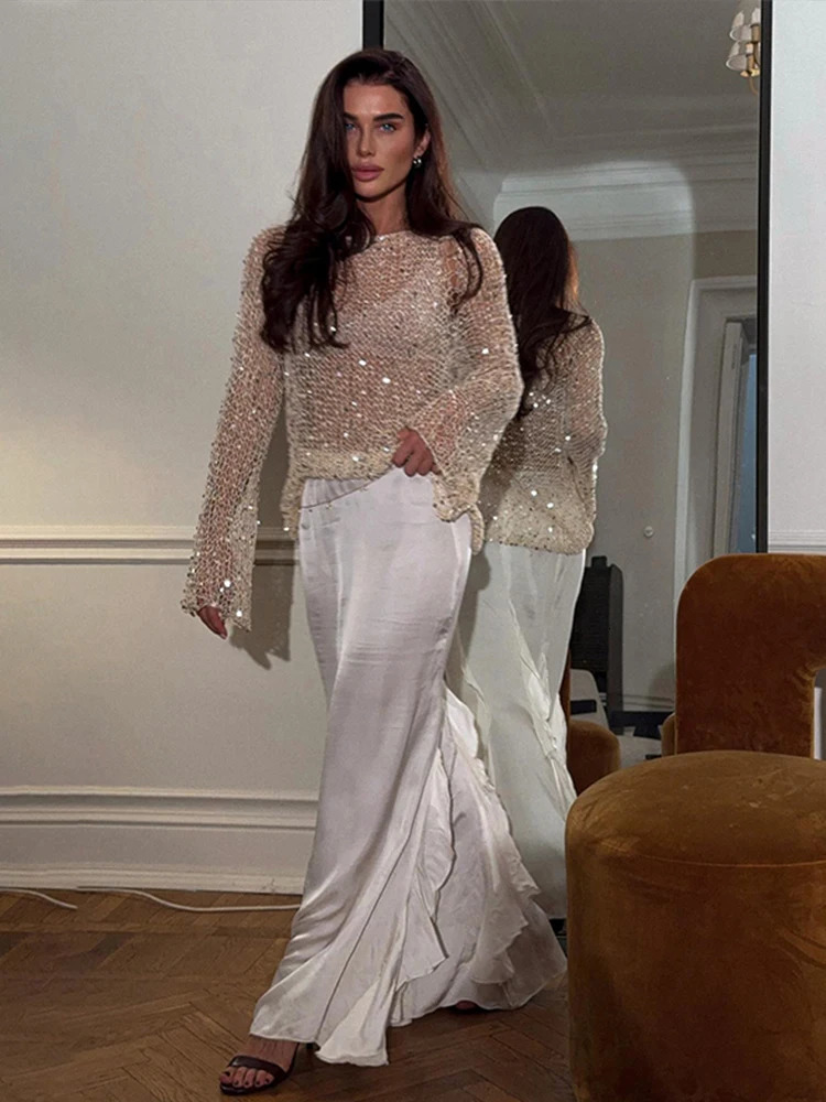 Sparkling hollow floral womens loose Oneck long sleeved knitted sweater spring shiny fashion evening dress 250313