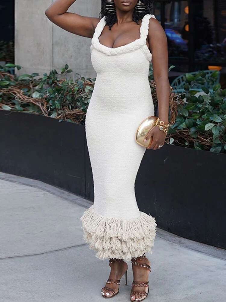 Tassels Hem Twist Strap Knitted Dress Women Sleeveless Backless Slim High Waist Dresses Female Holiday Evening Bodycon Robe