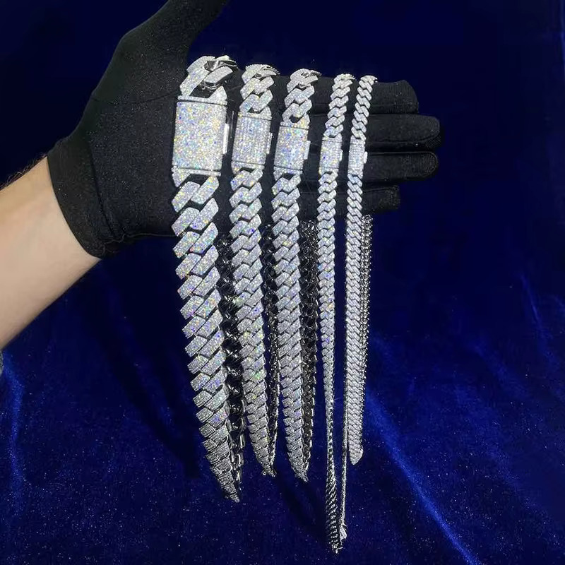 Pass Diamond Tester GRA Hip Hop S925 Silver Iced Out Bling 3 Rows 14mm 16mm 18mm 20mm VVS Moissanite Cuban Link Chain for Men