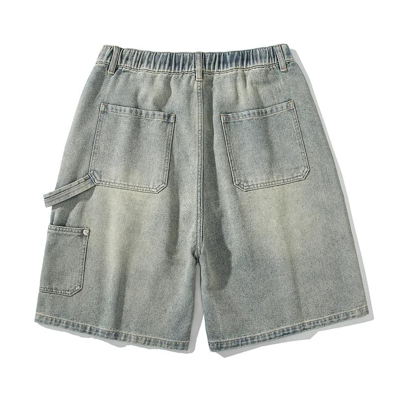 Summer high street straight denim mens retro loose casual shorts wear elastic waist cargo 250313