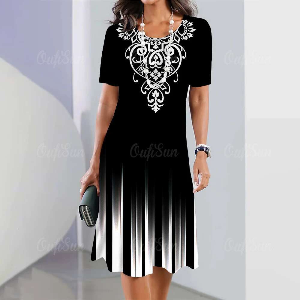 Fashion Striped Woman Clothing Dresses Simplicity Print Short Sleeve Women's Elegant Black Female Long Dress Pullover 2024