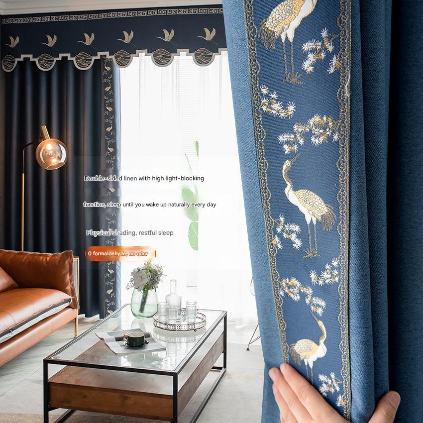 T0381 Double-sided linen high blackout curtains sunscreen soundproof Chinese style living room bedroom cotton and linen splicing finished curtain