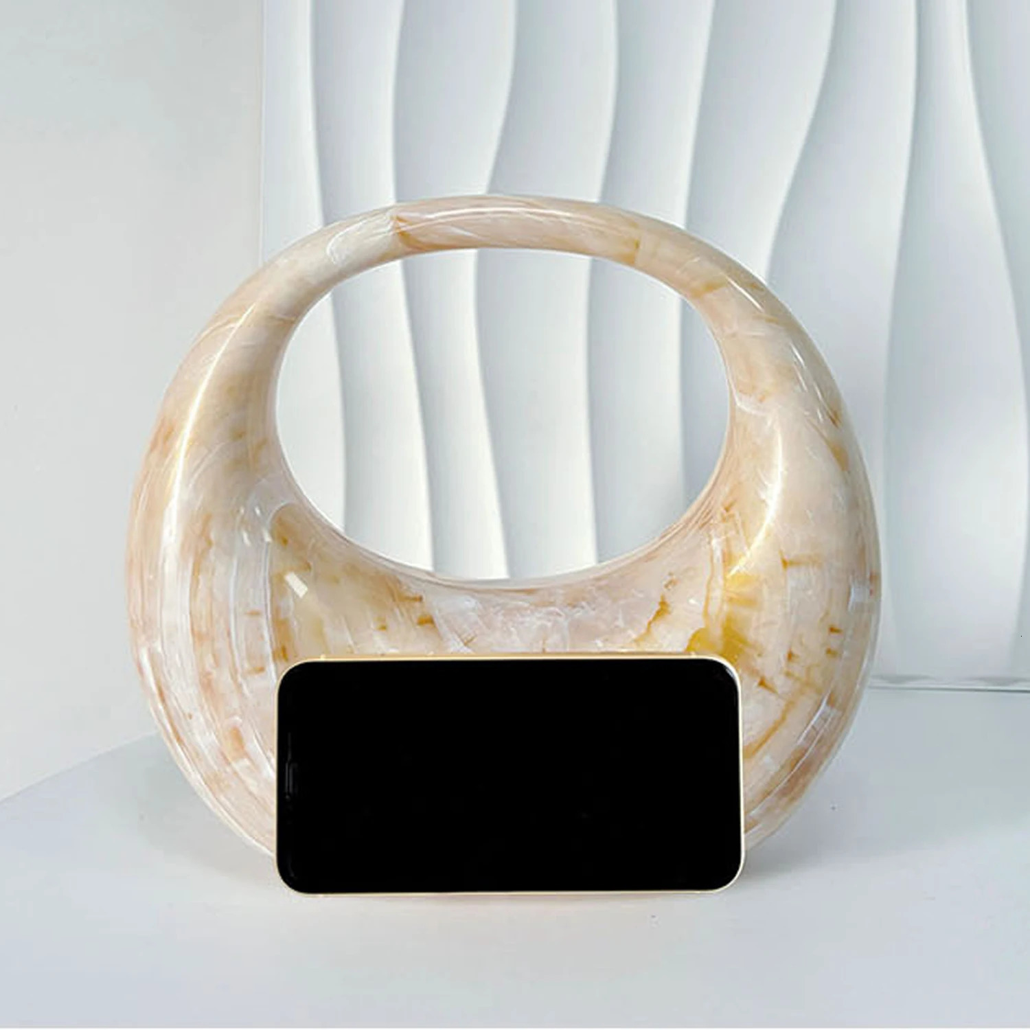 White Marble Acrylic Evening Clutch Bag for Woman Party Wedding Half Moon Glossy Shell Handbag Lady Shoulder Purse 250305