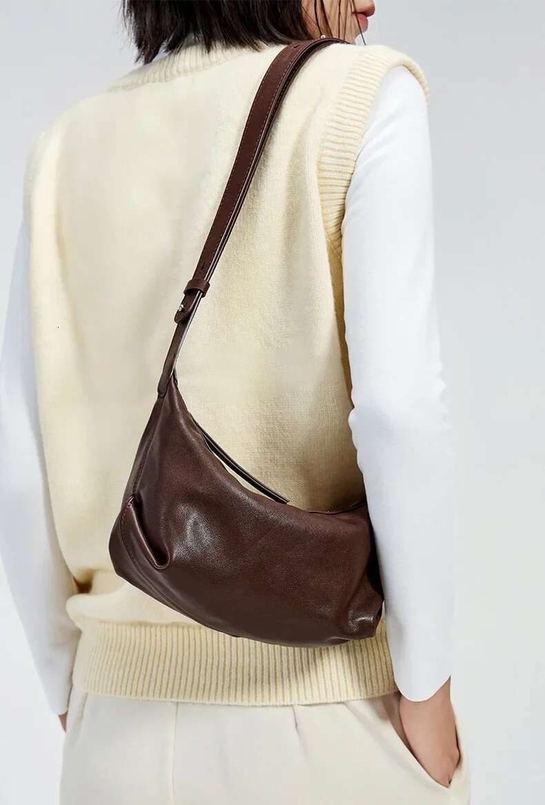 Less Is More Minimalist Style Coffee Color Hobo Tote Vegetable Tanned Cow Leather Women Shoulder Bag Adjustable Handle Handbag
