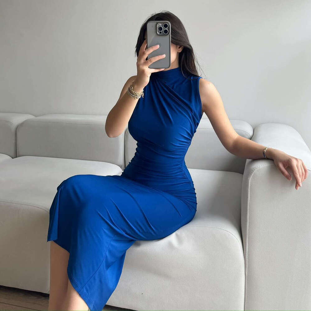 European and American style summer solid color slit high waist slim fit sexy sleeveless long women's dress 2025 new casual fashion trend clothing