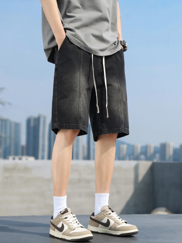 Retro fashion denim shorts mens streetwear loose straight leg casual with elastic waist brushed men 250313