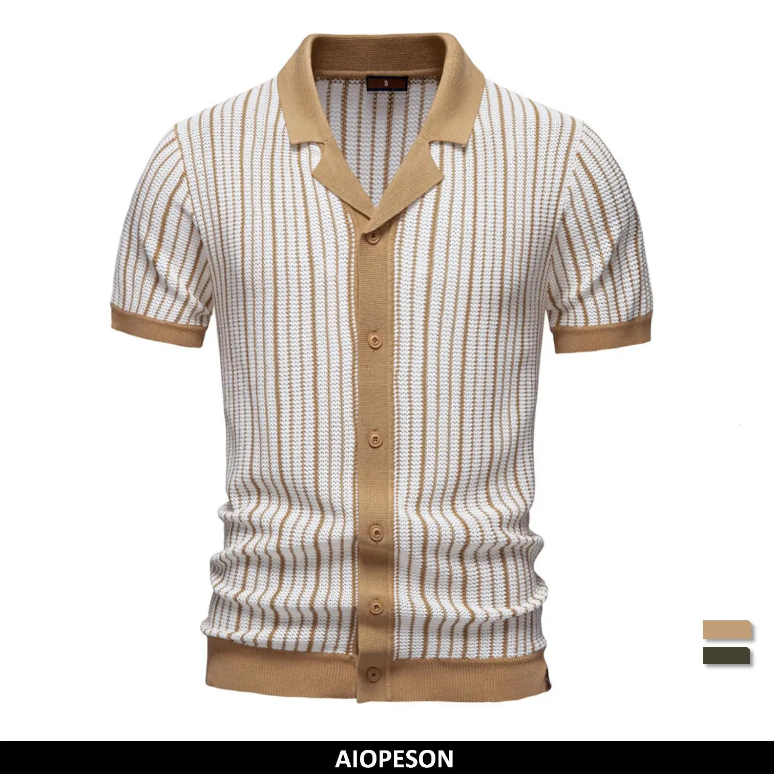 AIOPESON Mens Striped Mesh Polo Shirt Breathable Contrast Panel Knitted Top with Collar 250313