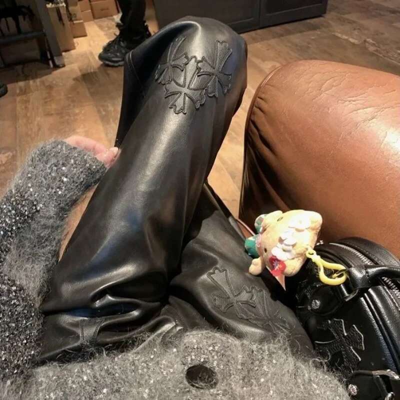 Fashionable Cross Patterned Straight For Women PU Leather Hot Girl 2024 New Stylish Unique Black Pants Korean Style