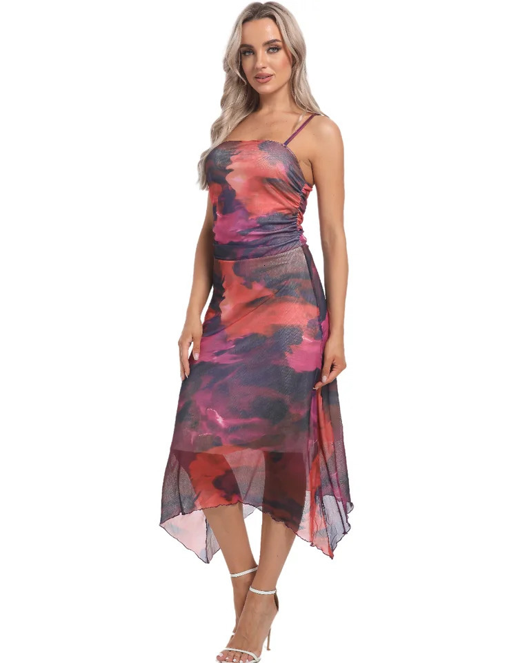 Womens tie dye suspender dress cocktail club party irregular ball 250313