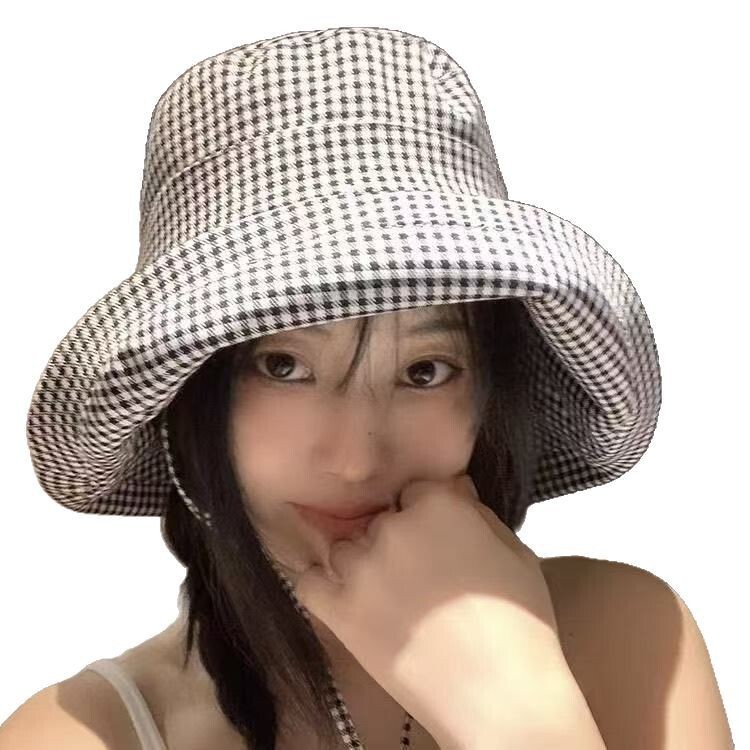 baseball cap Grid Fisherman's Female Korean Edition Summer Travel UV Protection Outdoor Big brimmed Sunshade Face Covering Beach Hat