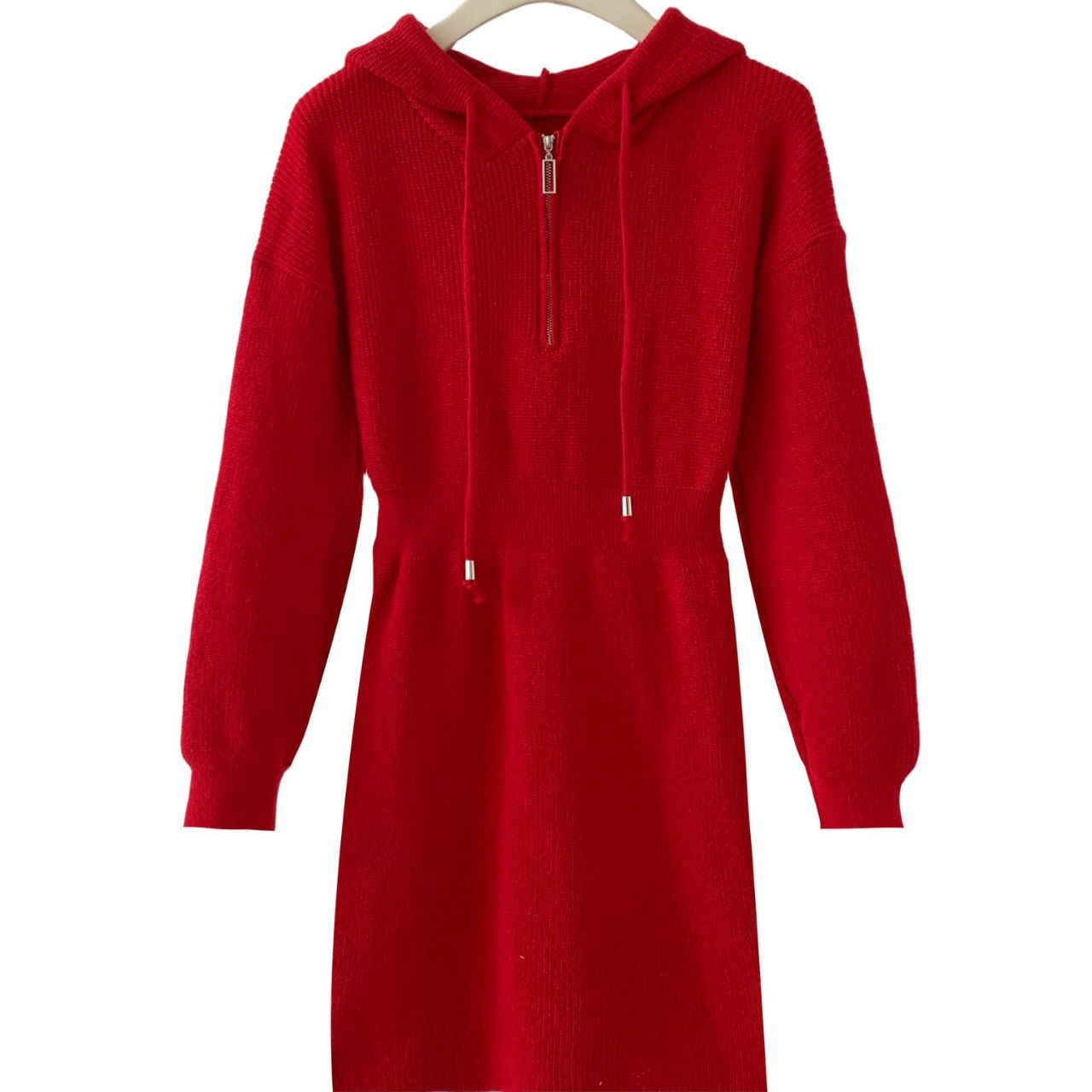 T33215 New chic unique fashion red sweater knitted long-sleeved hooded hip dress sub-trend