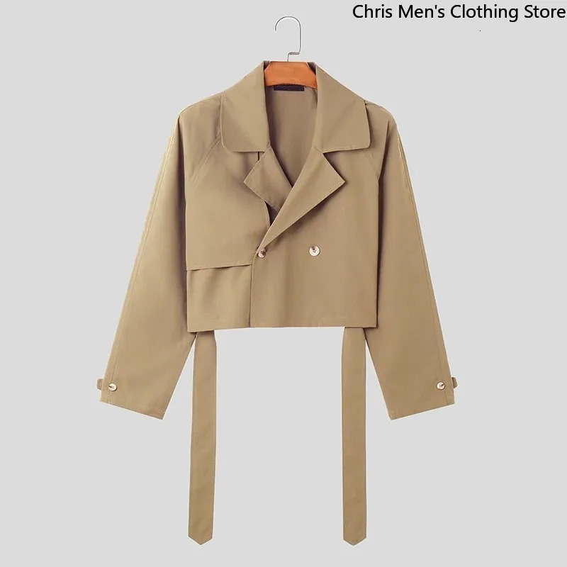 Fall Fashion Loose Mens Short Trench Coat Super Cool Street Motorcycle Lapel Laceup Cargo Male Jacket 250313