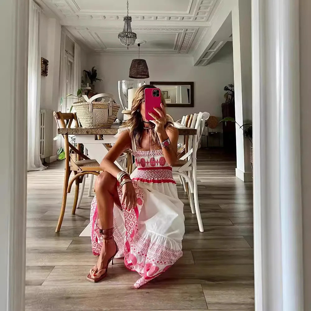 Womens Bohemian long dress printed pendant sexy beach casual elegant square neckline loose summer vest 250313